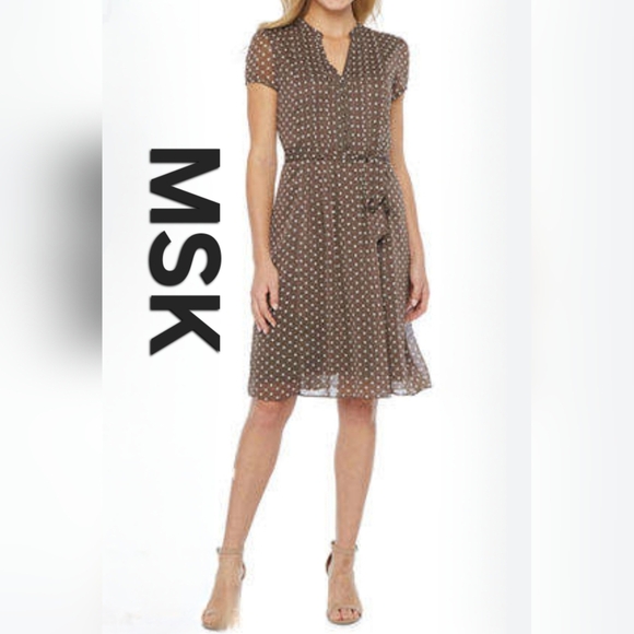 MSK Dresses & Skirts - MSK Polka Dot Split-Neck Short Sleeve Chiffon Brown Cottagecore Dress Sz 14